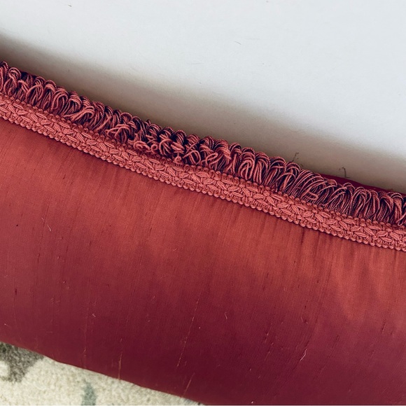 Feather & Down Oblong Silk Covered Decorative Throw Pillow in Deep Rust. EC - Picture 2 of 8